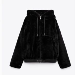 Zara Faux Fur hooded jacket - black